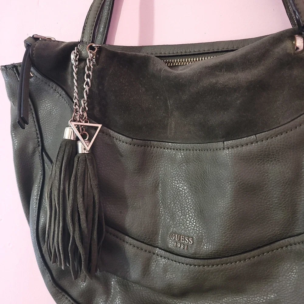 GUESS 1981‎ Olive Green Pebbled Faux Leather Hobo Bag with Suede 80s Trim Tassel